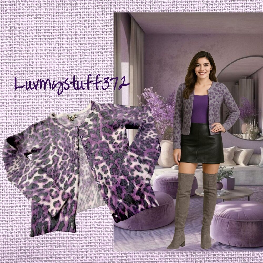 Cute Angora Animal Print Cardigan Sweater P2P 17.5 in.